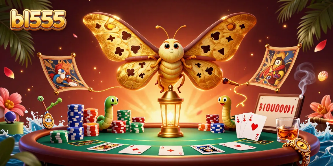 Experience thrilling gameplay at bl555 with vibrant casino elements and a captivating 3D moth illustration.