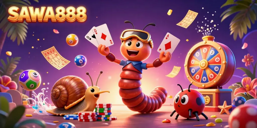 Experience the thrill at SAWA888 with dynamic casino characters and vibrant gaming elements.