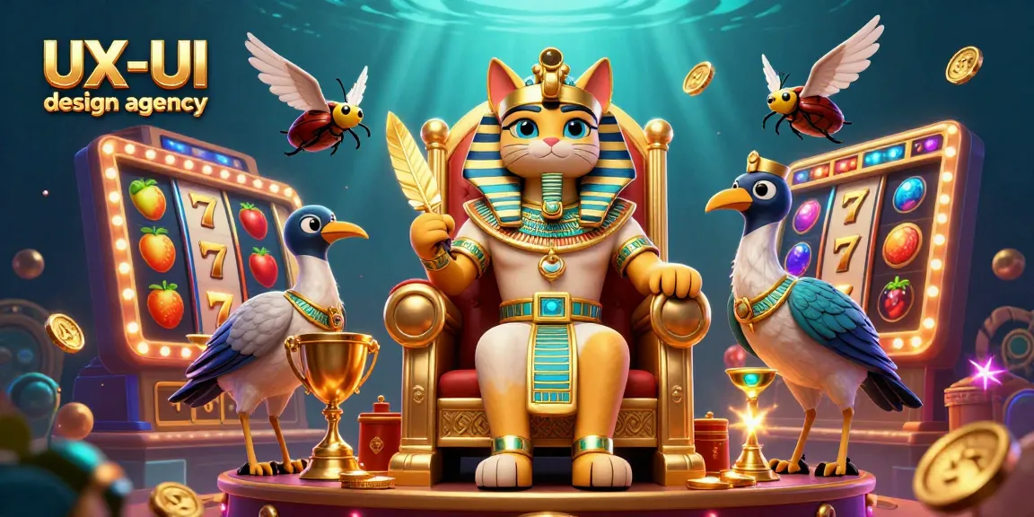 Engage with our UX/UI design agency showcasing Egyptian-themed casino elements and dynamic slot machines.