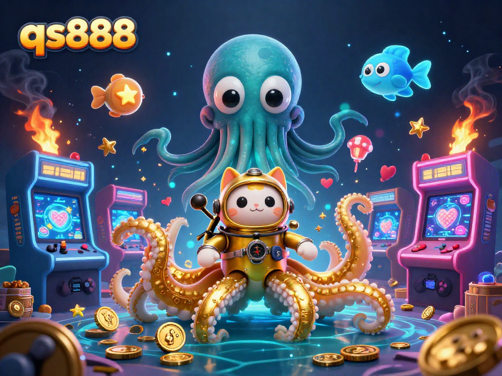 Experience the excitement at qs888 with a colossal kraken and diving cat amid vibrant casino elements.