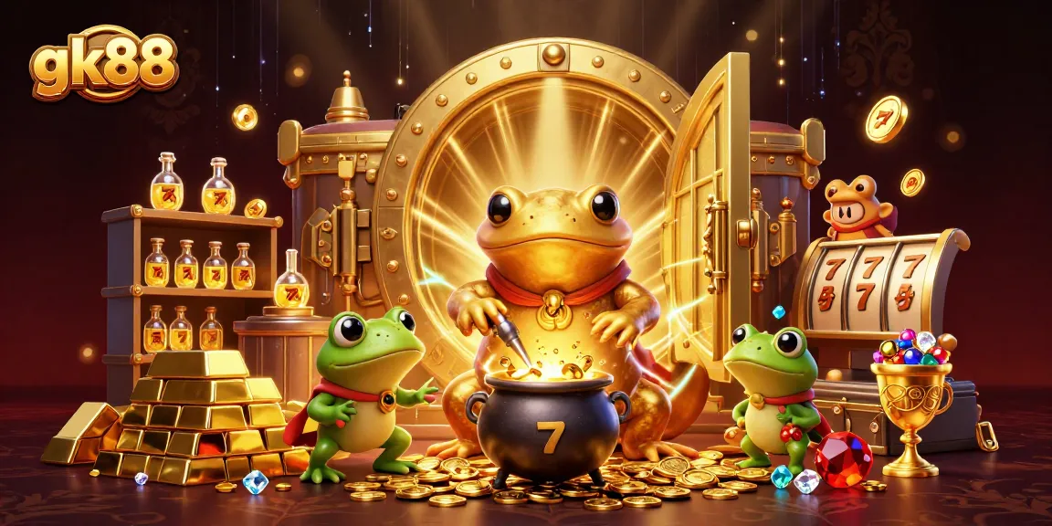 Play and win with gk88 in a dynamic illustration featuring golden characters and casino elements.