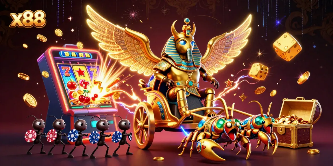 X88 players enjoy an exciting jackpot with a colossal golden scarab and scorpions in a vibrant casino scene.