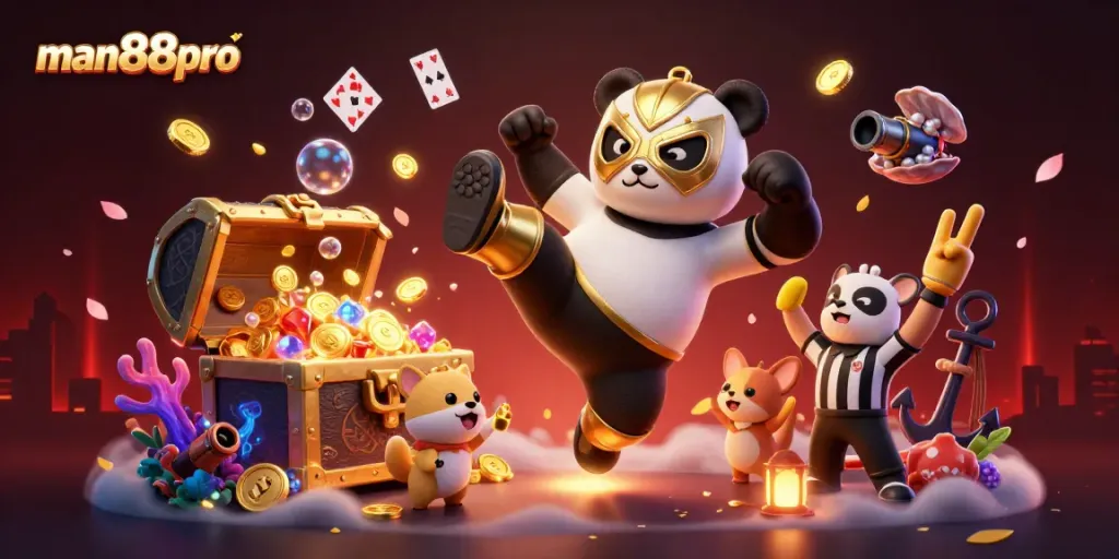 Experience thrilling wins at man88pro with a lively panda wrestler surrounded by vibrant casino elements.