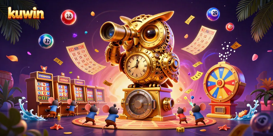 Engage with kuwin's thrilling casino scene featuring an animated owl and vibrant game elements.