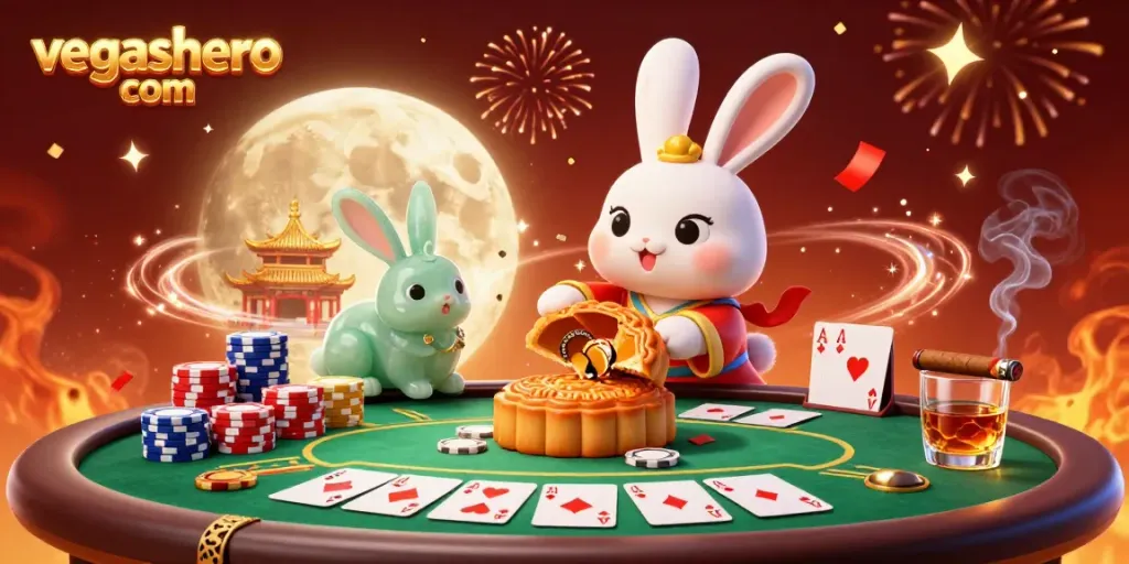 Experience the excitement of poker chips revealing inside mooncakes at vegashero com's vibrant online casino illustration.
