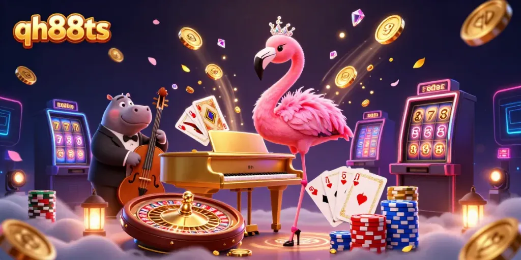 Engage with vibrant 3D casino scene featuring qh88ts elements and lively characters portraying a dynamic gambling atmosphere.