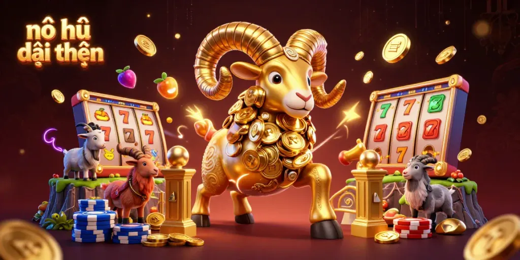 Nổ hũ đổi thưởng feature an energetic golden ram charging through game elements in an exciting 3D scene.