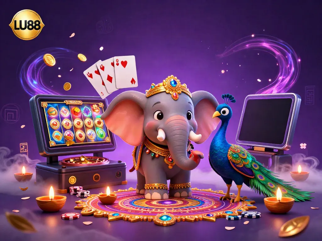 Join the vibrant LU88 gaming experience with a 3D elephant and peacock amid colorful slot and casino elements.