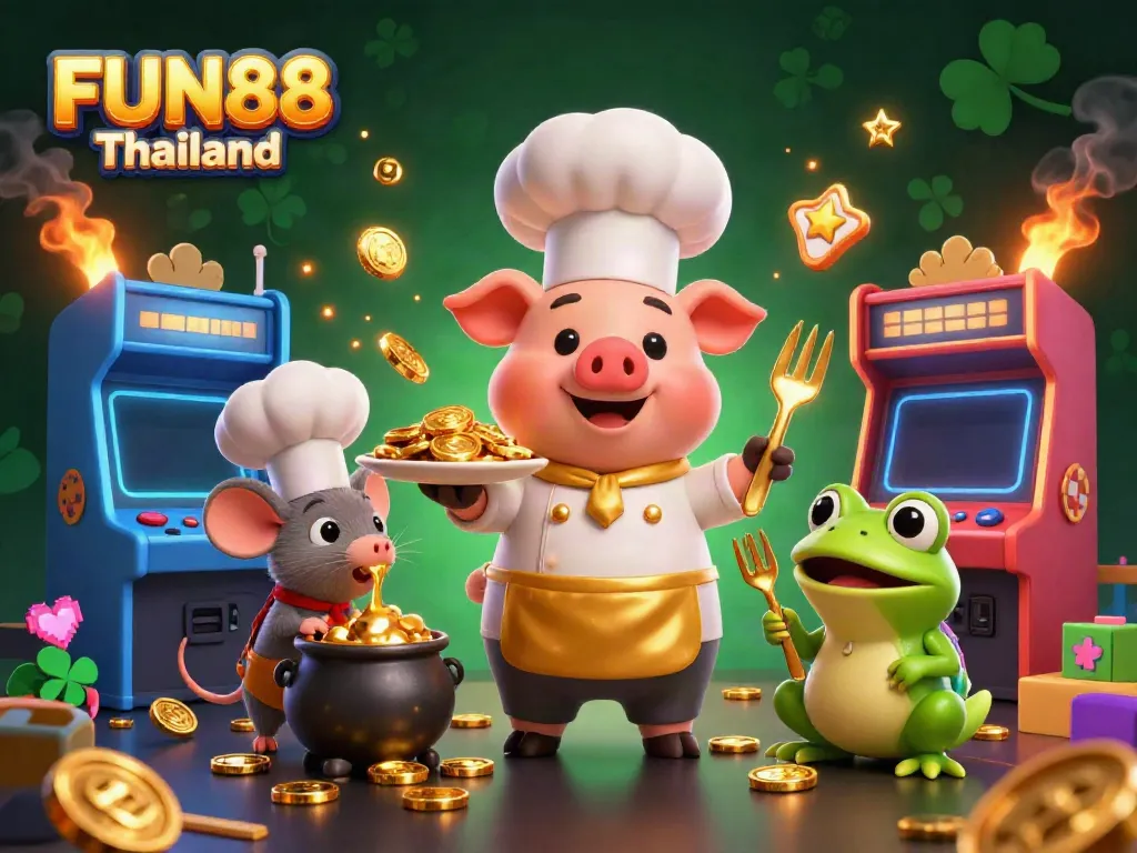 Experience the excitement of FUN88 Thailand with vibrant casino characters and gold coins in an engaging 3D scene.