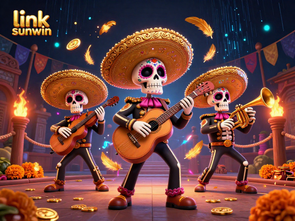 Engage in thrilling fun at link sunwin with lively mariachi skeletons amidst vibrant casino elements