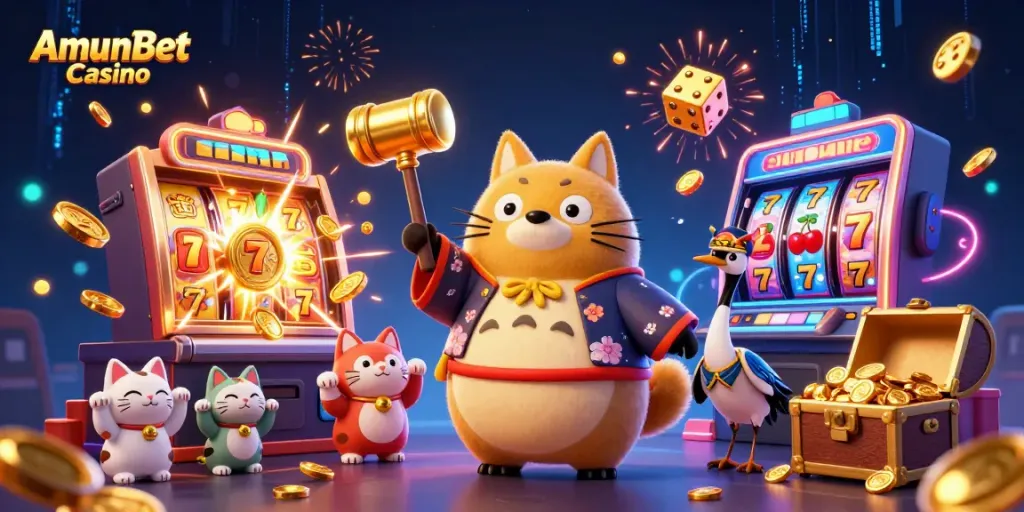 AmunBet Casino biedt een dynamisch slotbeeld met kleurrijke karakters en spannende casinospellen.