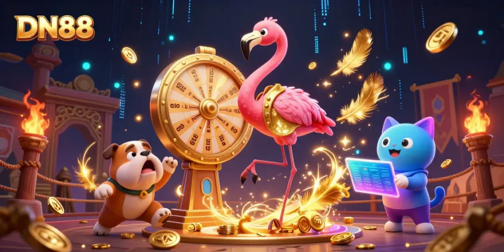 Engage with DN88's vibrant casino atmosphere where a flamingo host spins a golden prize wheel.