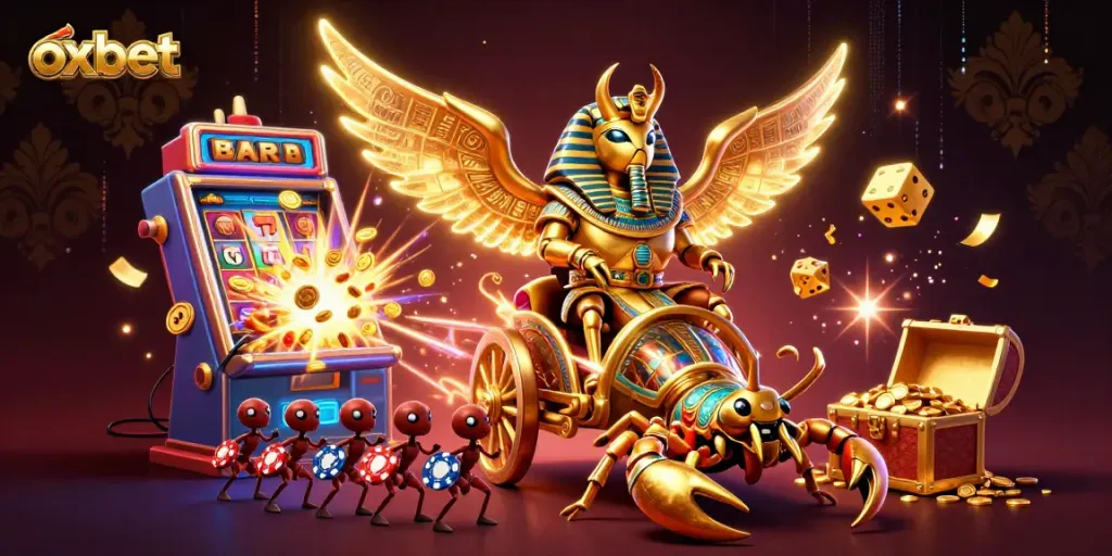 oxbet's colossal scarab beetle and jewel scorpions illustrate vibrant casino excitement.