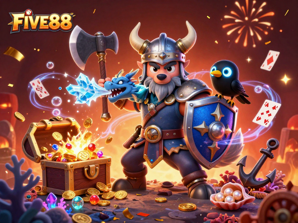 Engage with FIVE88 in a vibrant 3D scene featuring a Viking warrior and dragon amidst casino elements.