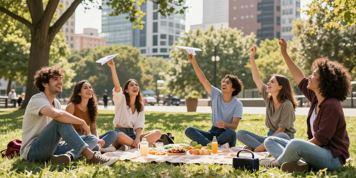 在城市公园中，朋友们在阳光下愉快地享受时光，一位年轻女性正在放飞纸飞机。