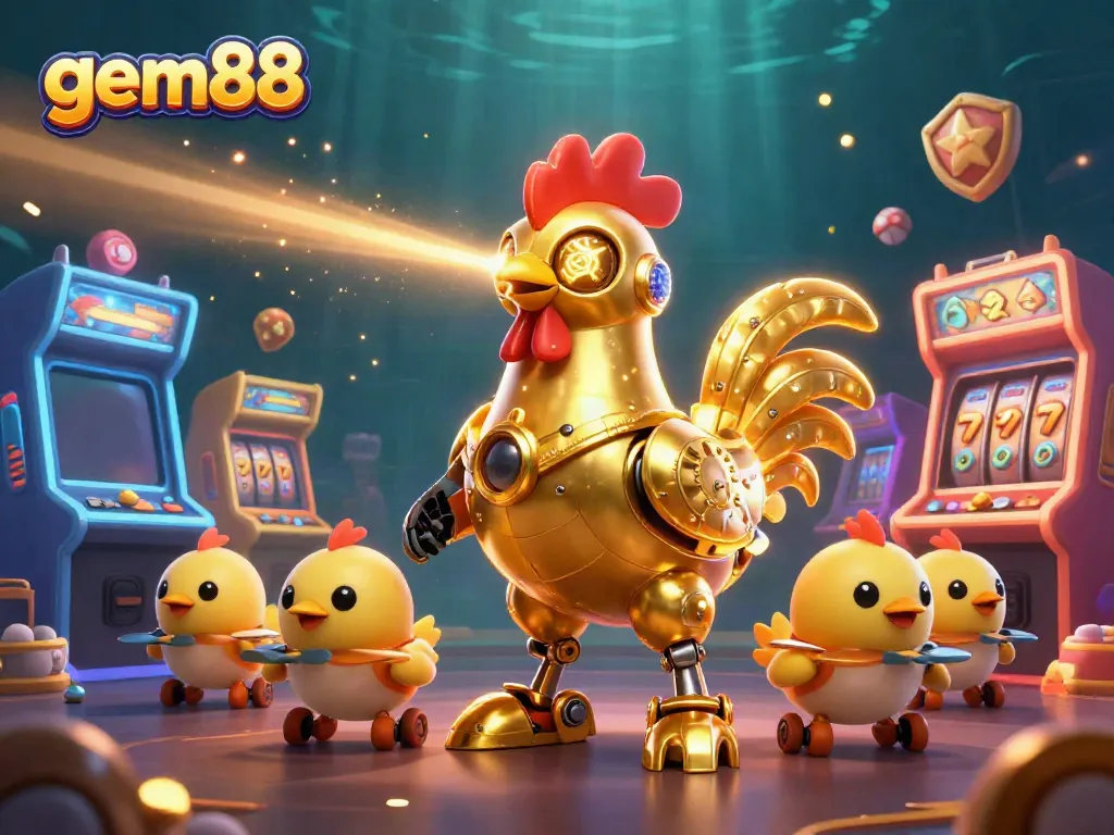 Play thrilling games on gem88, featuring a golden rooster robot and dynamic casino elements.