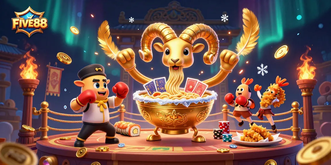 Engage in thrilling games with FIVE88's vibrant characters in a dynamic casino scene