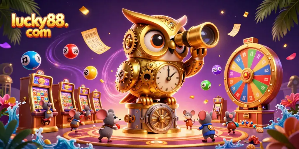 Experience thrilling gameplay at lucky88. com with vibrant lottery balls and a majestic owl scanning the casino!