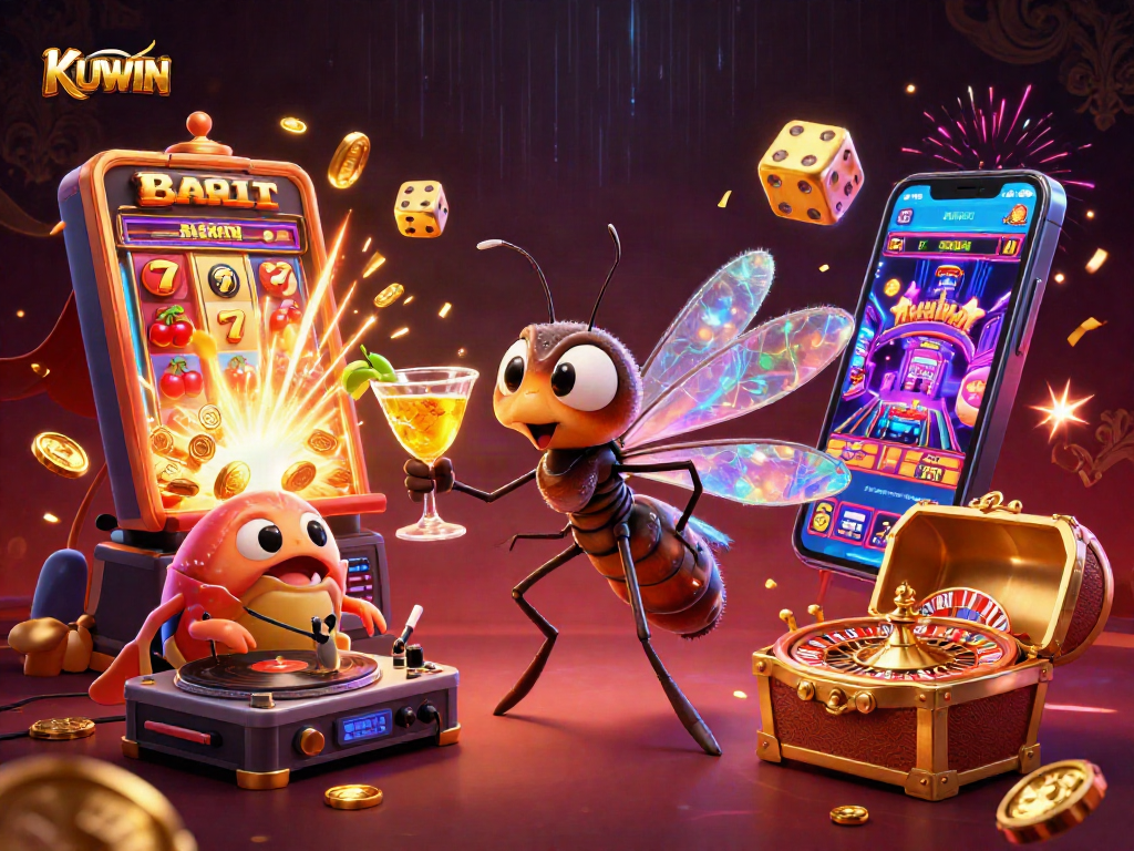 KUWIN vibrant casino illustration showcasing a frozen mosquito mascot, trilobite DJ, and a golden roulette wheel.