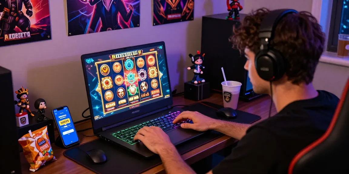 Pengguna menikmati permainan slot dengan Super59 login di laptop, menciptakan suasana menyenangkan.