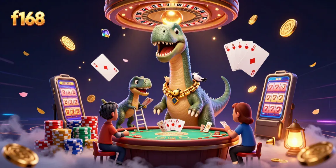 Experience the excitement of f168 casino with a towering dinosaur dealer and dynamic gaming elements.