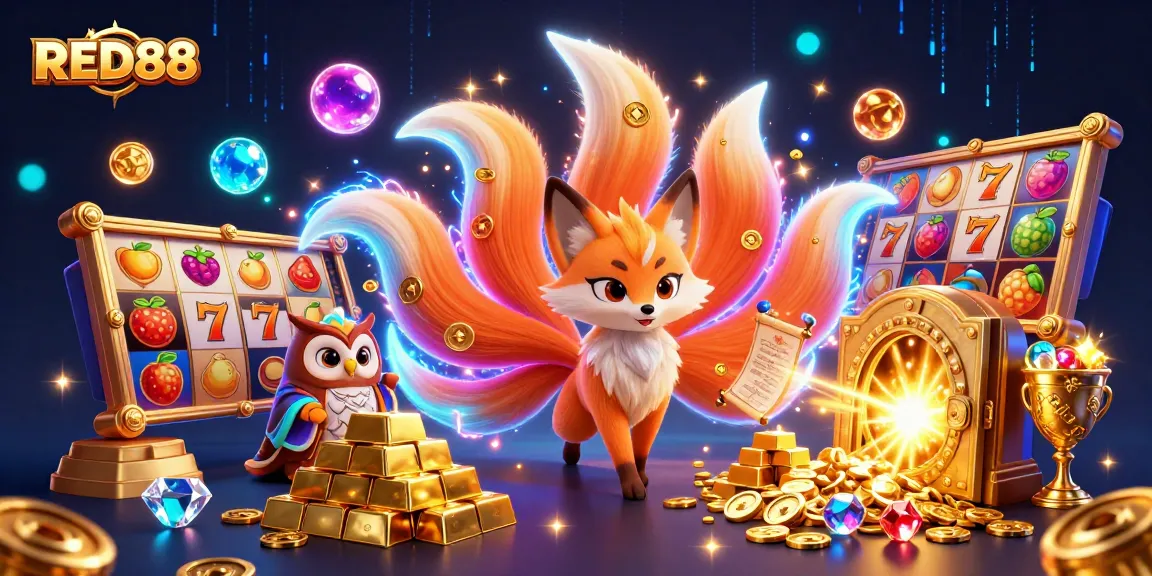 Spin to win at RED88 with a vibrant 3D illustration showcasing slot reels, gold coins, and magical characters.
