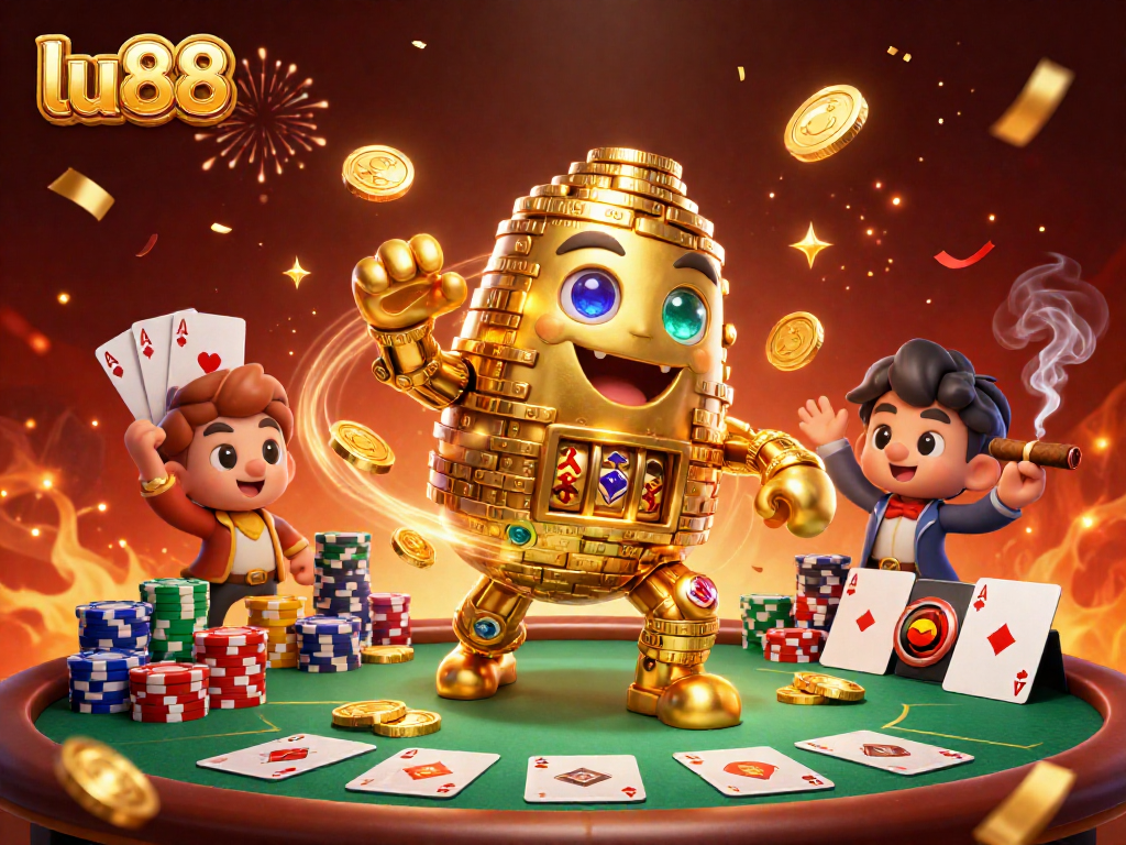 Experience thrilling gameplay with lu88 as a golden golem shifts gold coins amidst a vibrant casino scene.