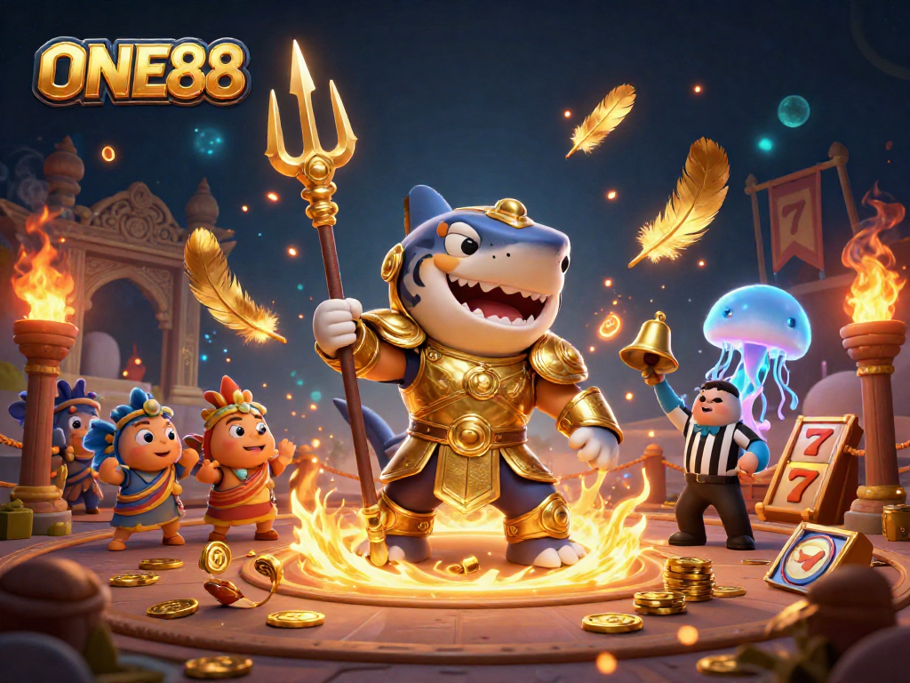 ONE88 showcases a gladiator shark amidst a lively underwater casino scene.