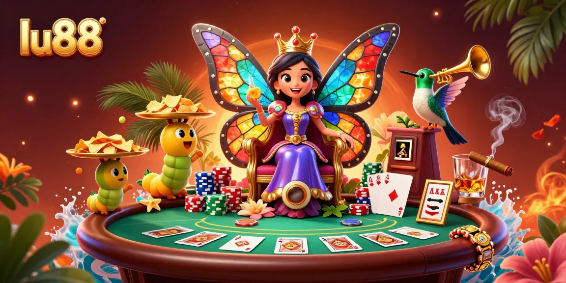 Engage in thrilling gaming at lu88 with a colorful butterfly queen and vibrant casino elements.