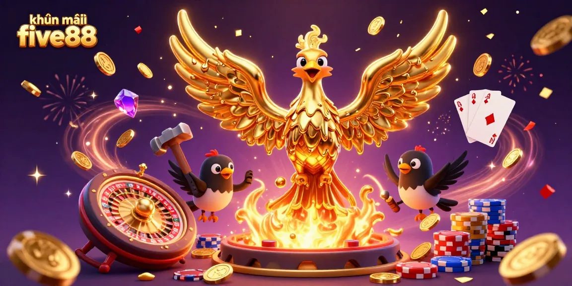 Experience khuyến mãi five88 with a molten golden phoenix and dynamic casino elements in a vibrant celebration.