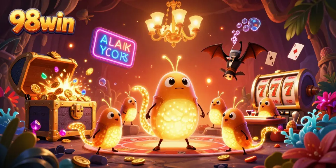 Experience the excitement of 98win's vibrant cave casino with glowing glowworms and slot reels.