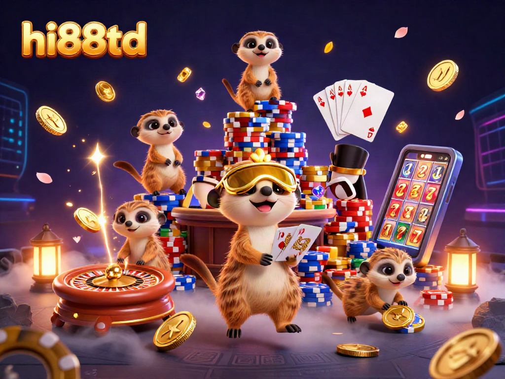 Experience vibrant gaming action at hi88td with meerkats managing a casino and flying golden coins.