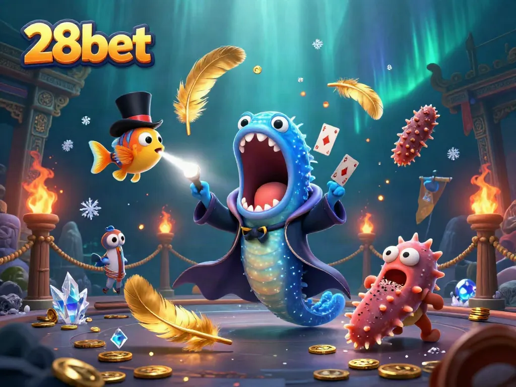 Engage in thrilling action with 28bet's spectacular gambling scene featuring magical characters and rich casino elements.