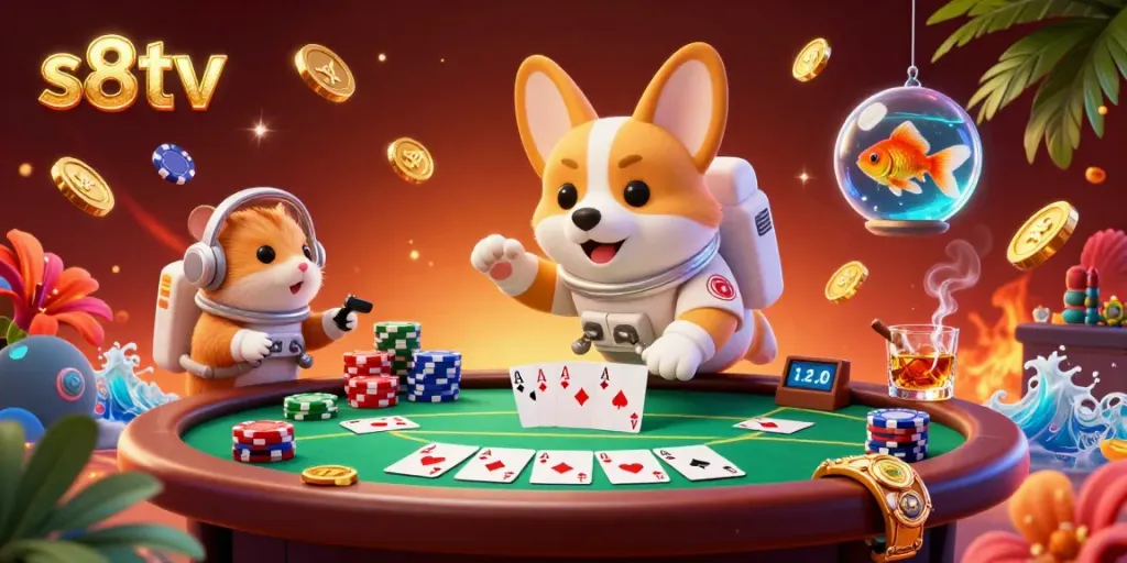 Engage in thrilling gameplay at s8tv with vibrant casino atmosphere, featuring floating poker elements.
