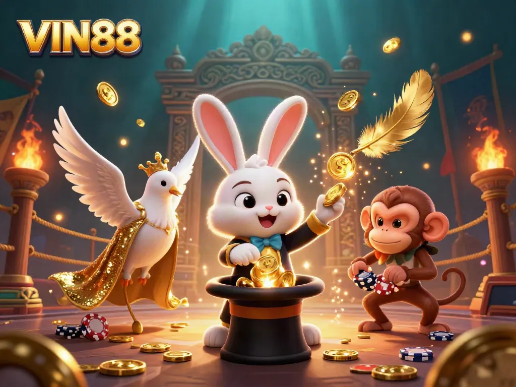 Engaging 3D illustration showcasing VIN88's vibrant casino magic, featuring a rabbit, dove, and monkey surrounded by gold coins.