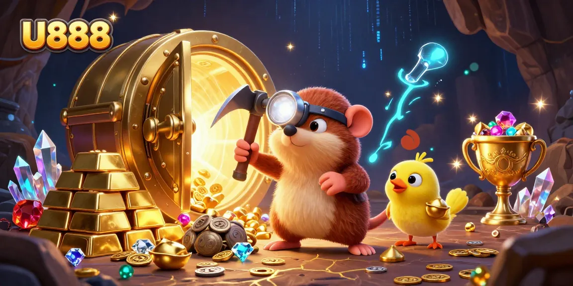 Discover the excitement of U888, a vibrant casino scene with a treasure hunter and jewels.