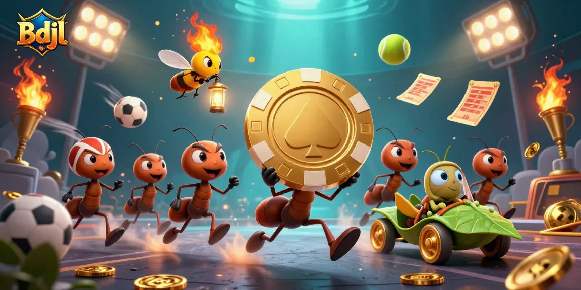 Ants execute a thrilling heist in the bustling world of Bdjl casino, surrounded by vibrant sports elements.