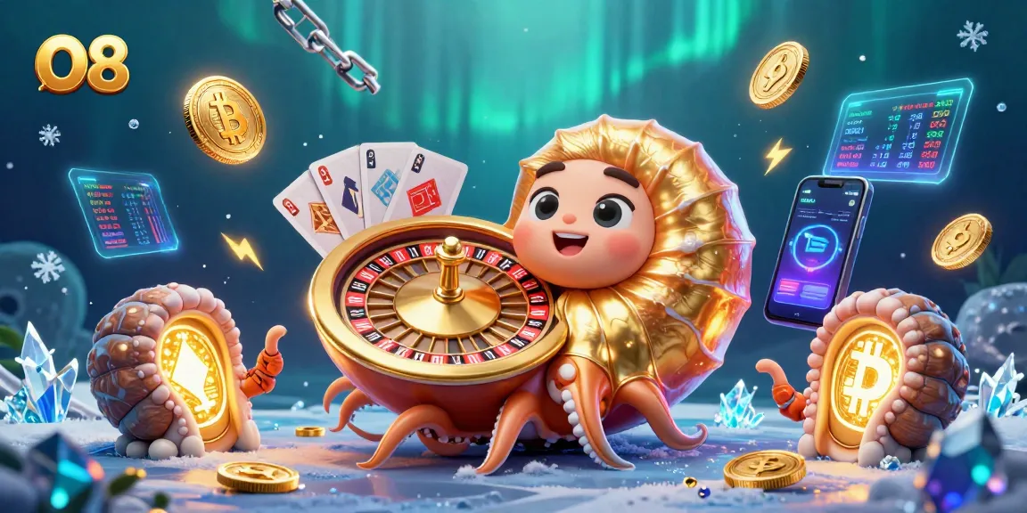 O8 offers thrilling casino entertainment featuring a giant nautilus roulette wheel and glowing bitcoin coins.