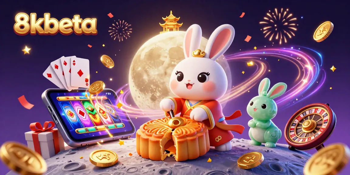 Unveil the excitement at 8kbeta with a festive casino scene featuring animated characters and rich gaming elements.
