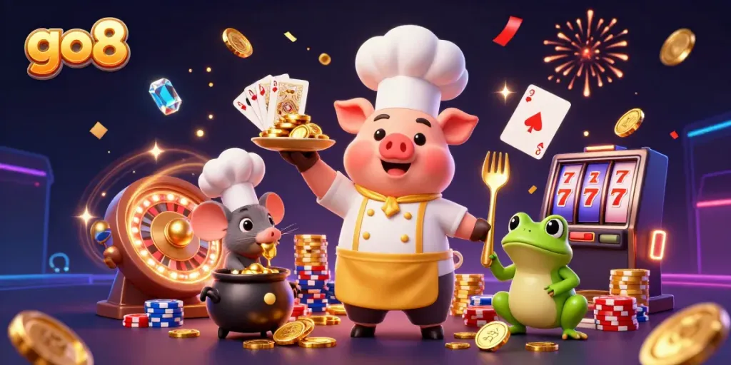 Engage with the vibrant casino scene featuring a go8 chef pig serving gold coins amidst a lively celebration.