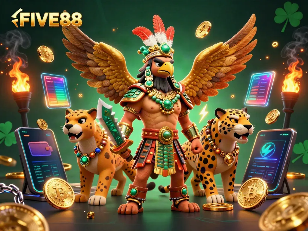 Experience the thrill of FIVE88 with a vibrant 3D illustration of excited warriors embracing epic gaming.