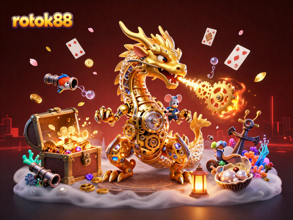 Experience the excitement of rokok88 with its golden dragon and treasure-filled underwater scene.