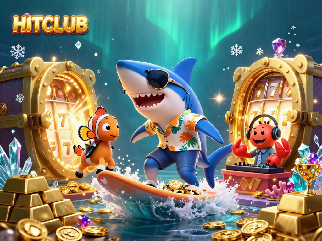 Join the HITCLUB adventure with a shark and friends enjoying a vibrant casino-themed underwater scene.