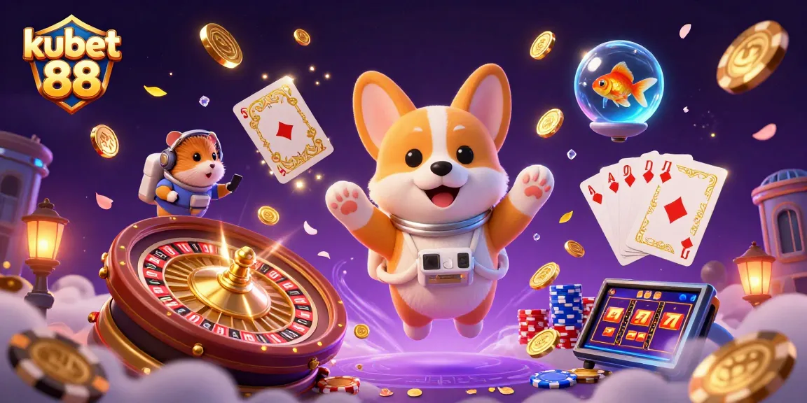 Experience the thrills of kubet 88 in a vibrant space casino scene featuring a playful astronaut corgi and golden coins.