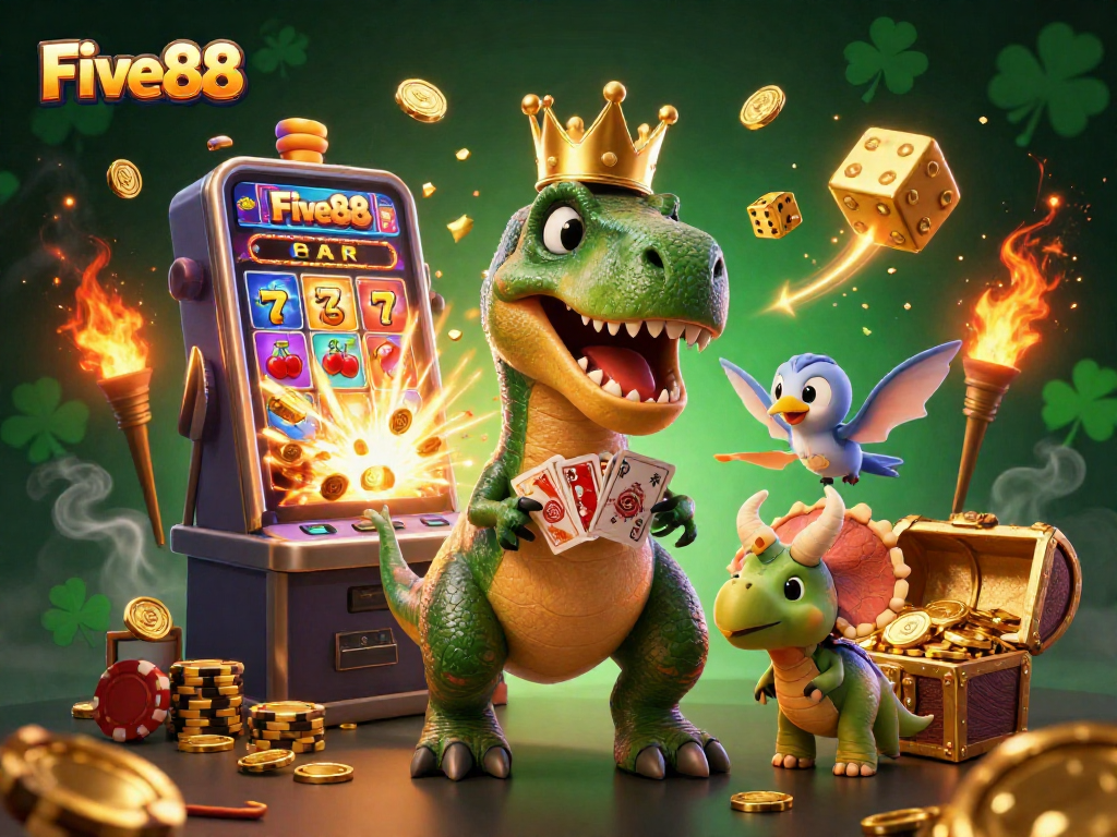 Experience the excitement of Five88 with lively casino characters shuffling cards and stacking chips.
