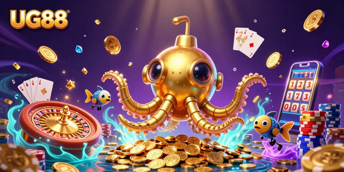 Experience thrilling gameplay at UG88 with a dazzling scene of a golden kraken and casino elements.