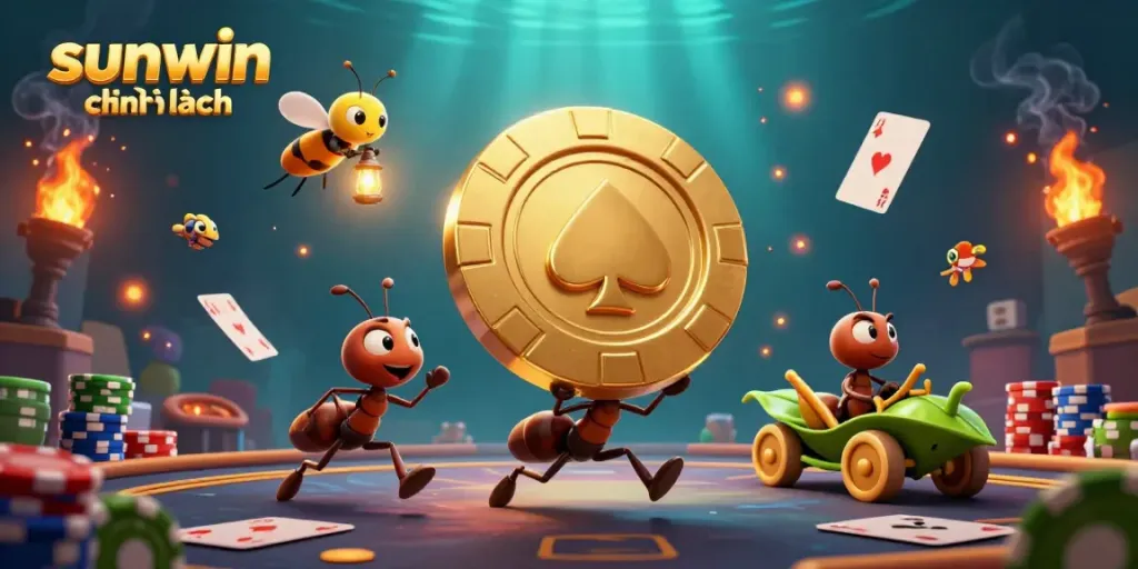 Engaging scene with sunwin chính hãng characters navigating a heist with golden poker chips and casino elements.