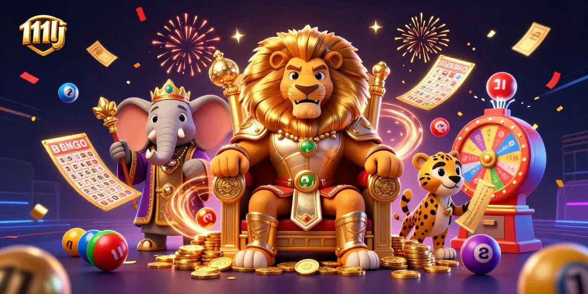 Play with 111lj as the lion king and friends celebrate with vibrant lottery elements.