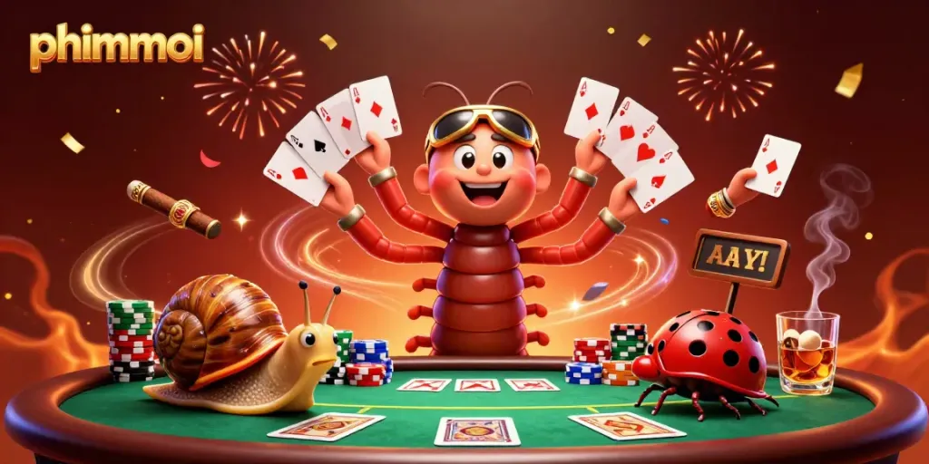 Experience thrilling gameplay at phimmoi with a vibrant illustration of animated dealers and poker elements