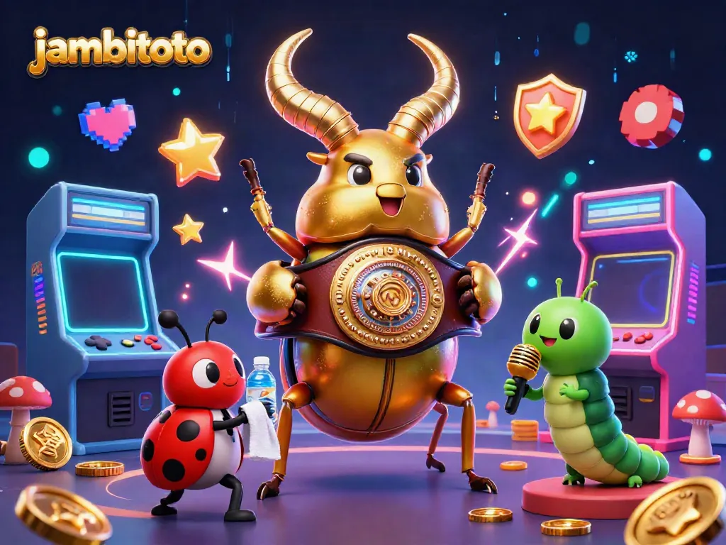 Join the jambitoto adventure with a stunning 3D illustration of a giant golden stag beetle ready to play!